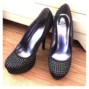 Black platform high heels with rhinestones 8.5